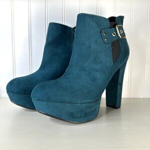 G By Guess Jaxon Teal 8.5 Ankle Booties 5” Heels 2” Platform Gold Buckle Zip Y2K